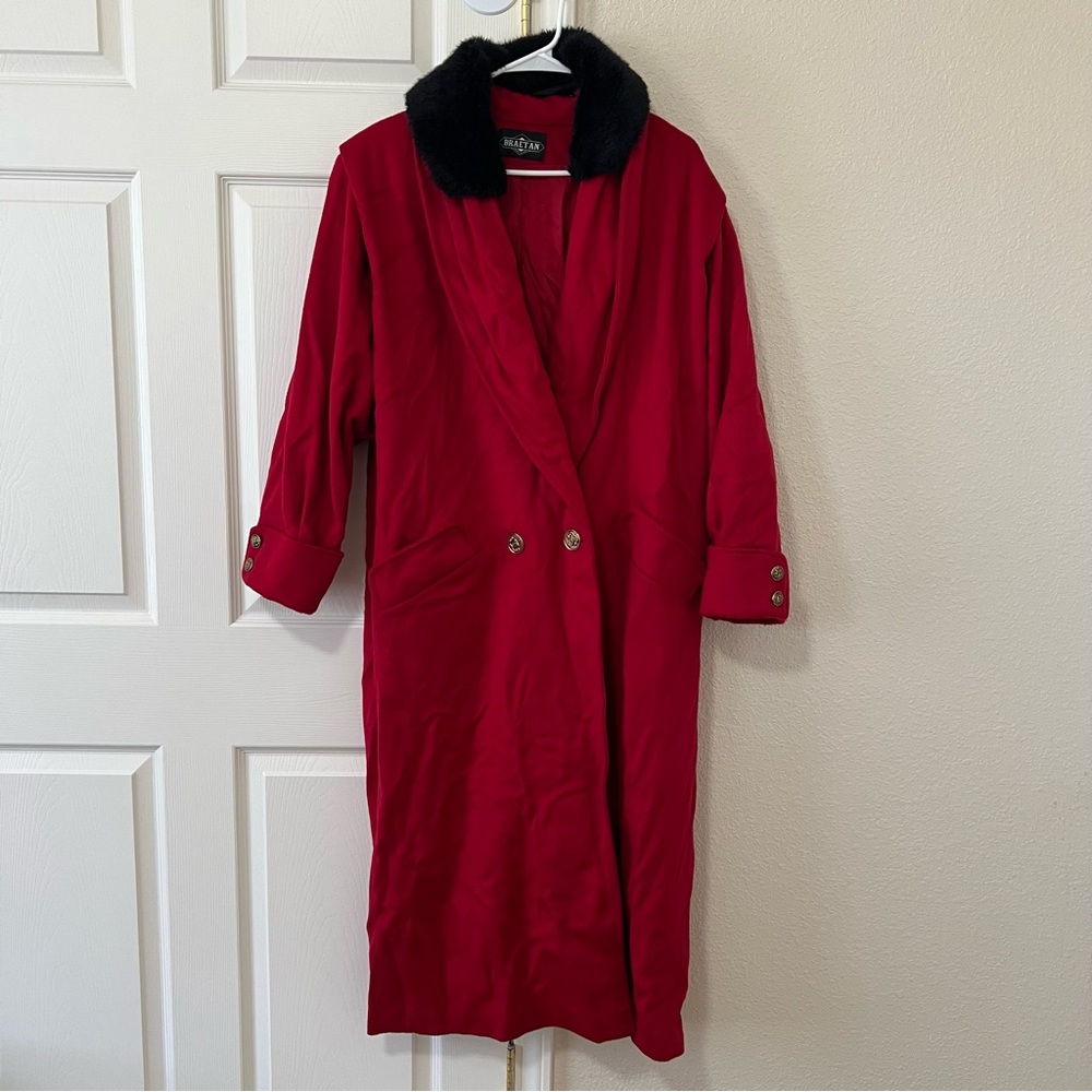 Vintage Braetan Red Wool Coat with Black Faux Fur Collar and Gold Button Size 14
